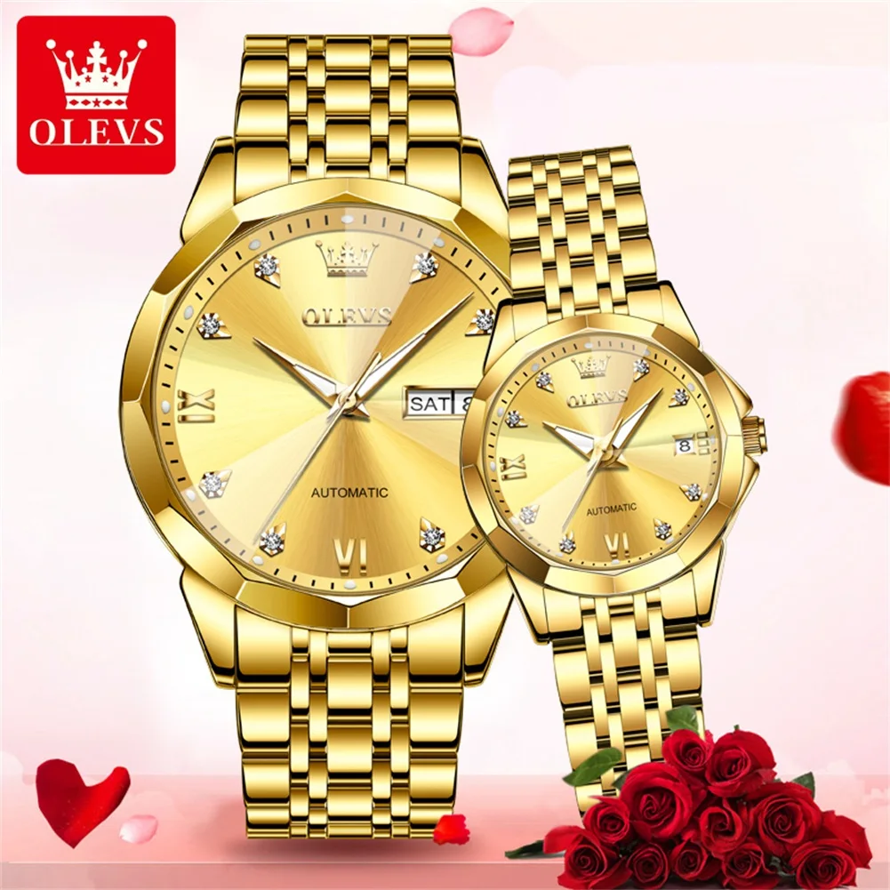 OLEVS 9982 Automatic Watch Rhombus Mirror Mechanical Couple Watches Date Stainless Steel Luxury Waterproof Luminous Wristwatch