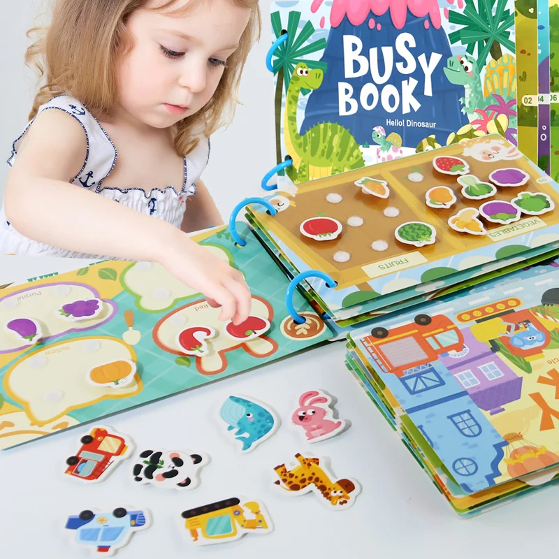 Dinosaurier-Frucht-Themen-Beschäftigungsbuch, ruhiges Lernbuch mit 5 Hauptthemen und verschiedenen Accessoires, entworfen für Kinder ab 36 Monaten, umfasst Zahlen, Buchstaben und Farben, mit klaren und leicht verständl