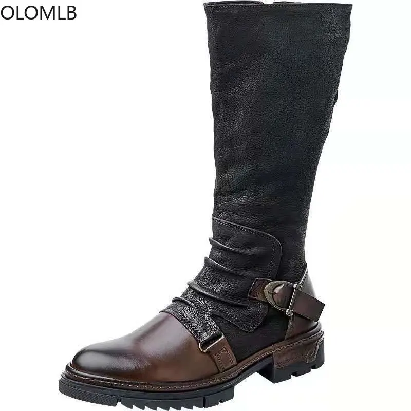 Men Thigh-High Riding Boots Almond Toe Mid-Calf Side Buckle Flat Boots Plus Size