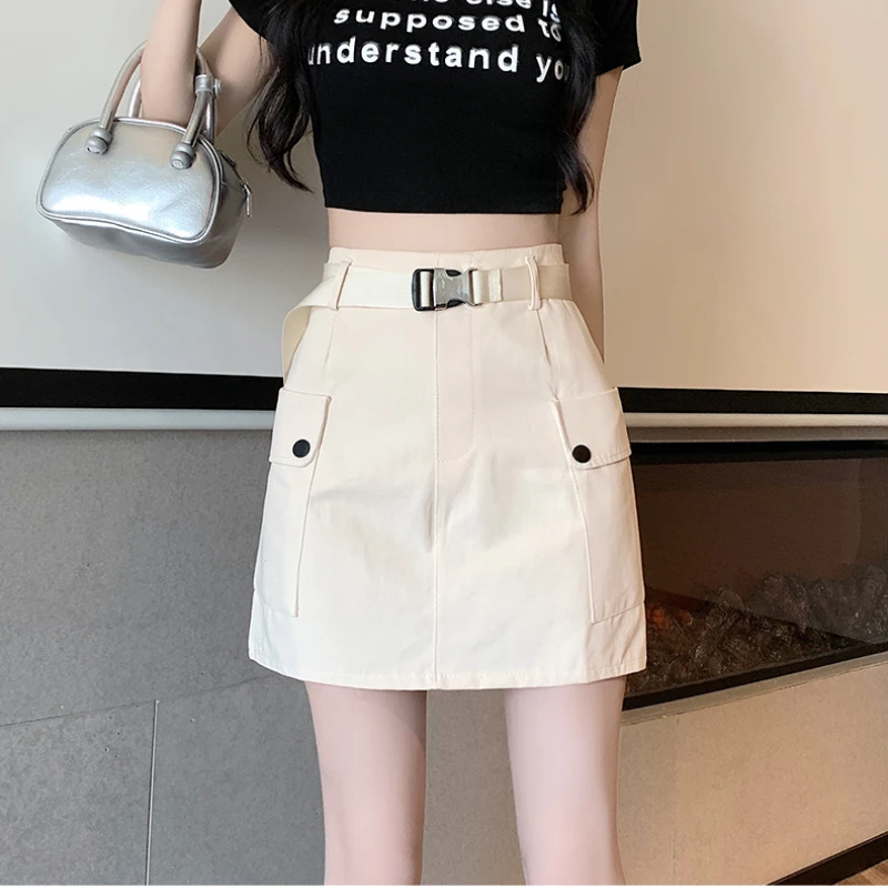 

Casual Big Pocket Cargo Skirt Women Summer Korean Style High Waist H-line Skirt Female Fashion Solid Color All Match Streetwear
