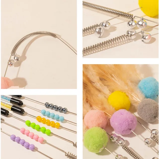 Cat Toys Feather Cat Stick Bite Resistant Steel Wire Spring Feather Interactive Cats Toy with Bell Wool Ball Kitten Toy Sticks 5