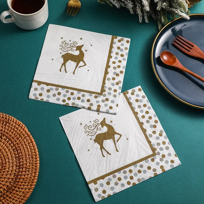 10/20pcs 33cm 2-Ply Christmas Napkins Golden Elk Gold Trimmed Polka Dot Printed White Paper Placemats Ambient Decorative Paper