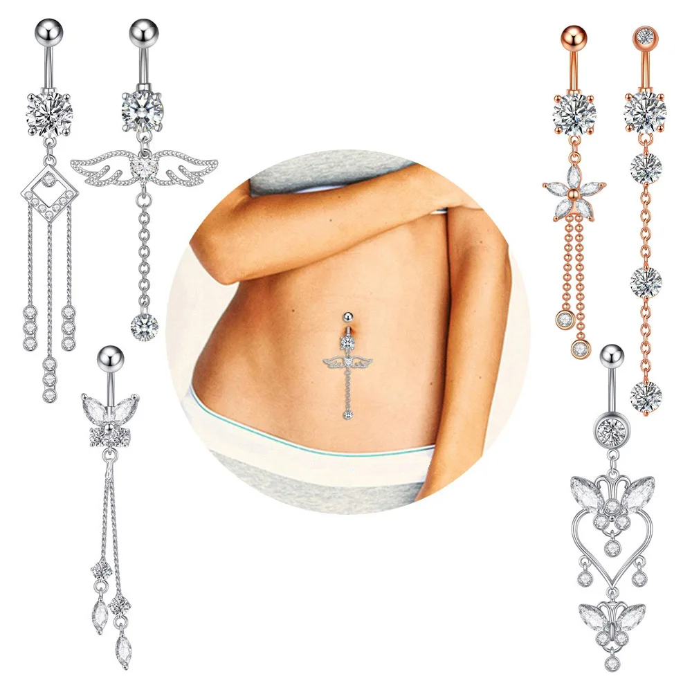 Angel Belly Button Rings Trendy Stainless Steel Zircon Butterfly Navel Piercing Surgical for Women Body Belly Jewelry Pendant