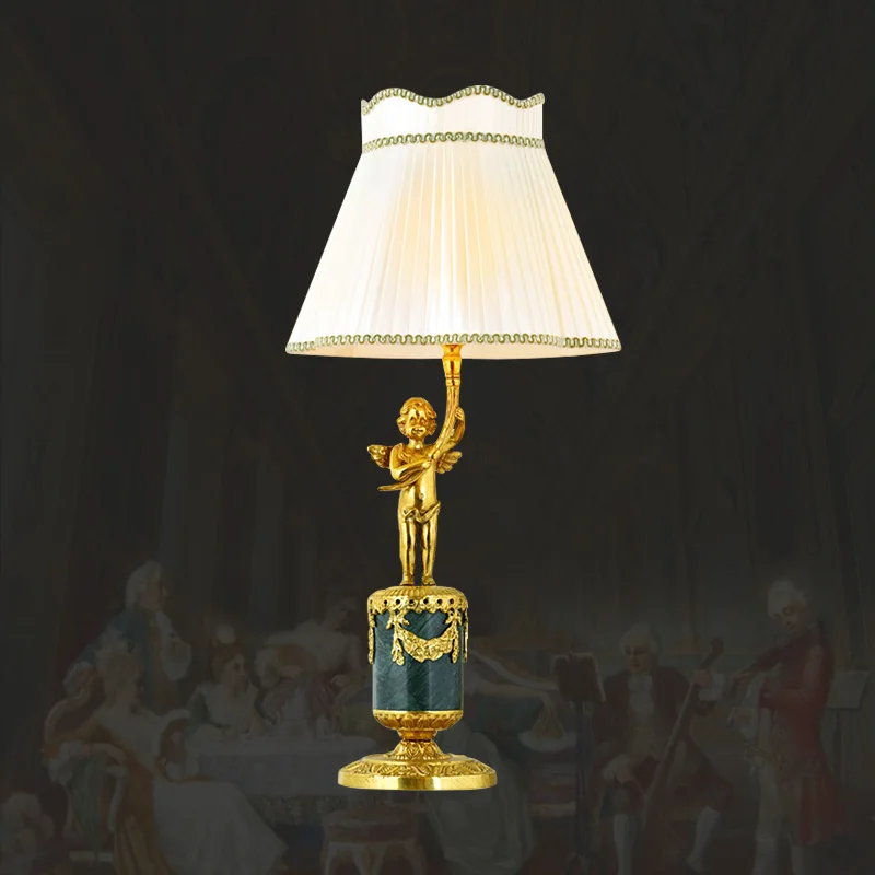 

Luxury French Decoration Hotel Green Marble Base Table Light European Living Room Bedroom Bedside Fabric Copper Desk Lamp