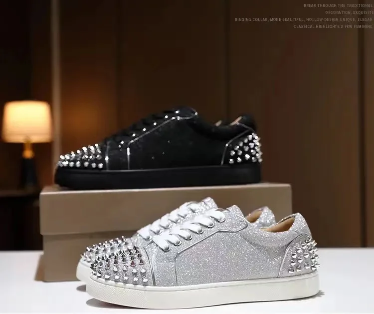 

Large Size Designer Luxury Men's and Women's Low-top Men's Shoes Red Bottom Flash Powder Silver Rivets Black Sequin Leather