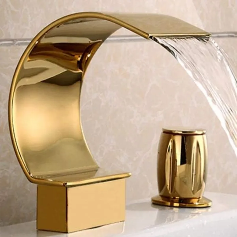 Elegant Waterfall Double Handle Bathroom Sink Faucet Arc Waterfall Spout Bathtub Filler Faucet with Three Holes Widespread 2