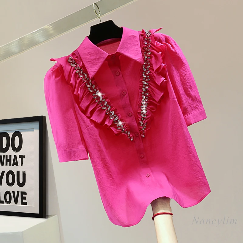Ruffled Diamond-Embedded Puff Sleeve Shirts and Blouses Womens 2024 Summer Korean Style Solid Color Short Sleeve Chiffon Top