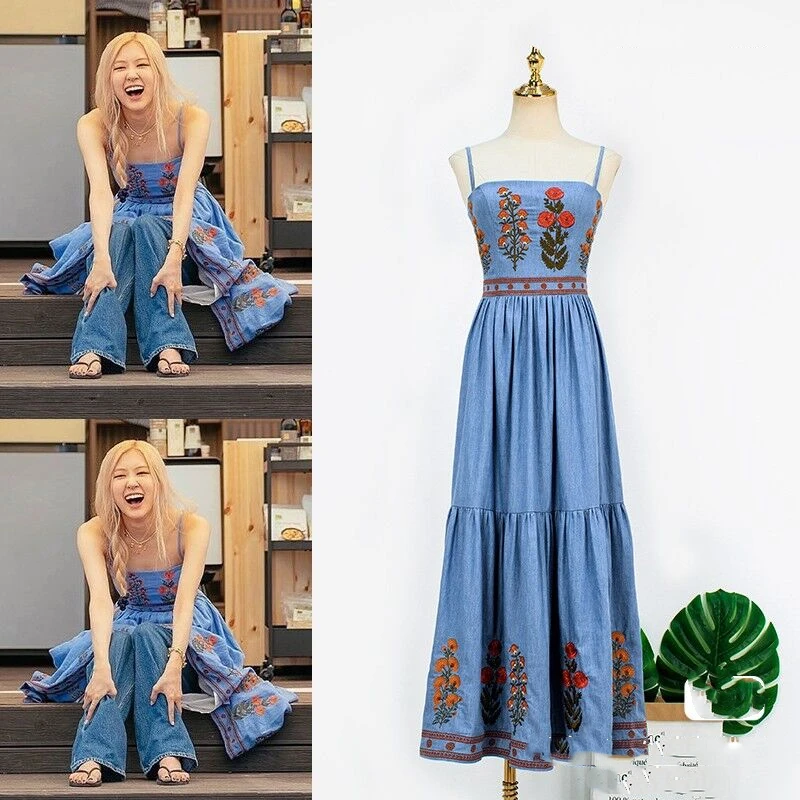 

kpop Korean Celebrity ROSE korean Sexy Strapless Suspender Dress Women Summer Embroidered Flowers High Waist Backless Dresses