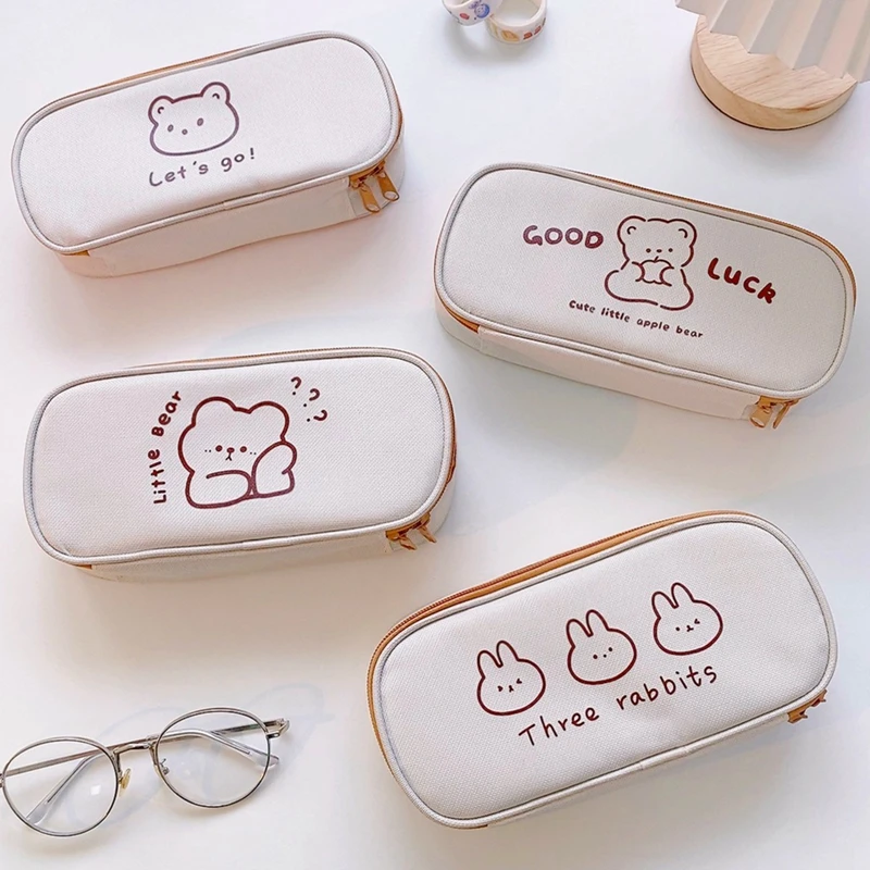 Kawaii Canvas Pencil Case for Girls Boys Cartoon Bear Pencilcase Pen Case Bag Large Capacity Pencil Box Pouch Stationery Gift