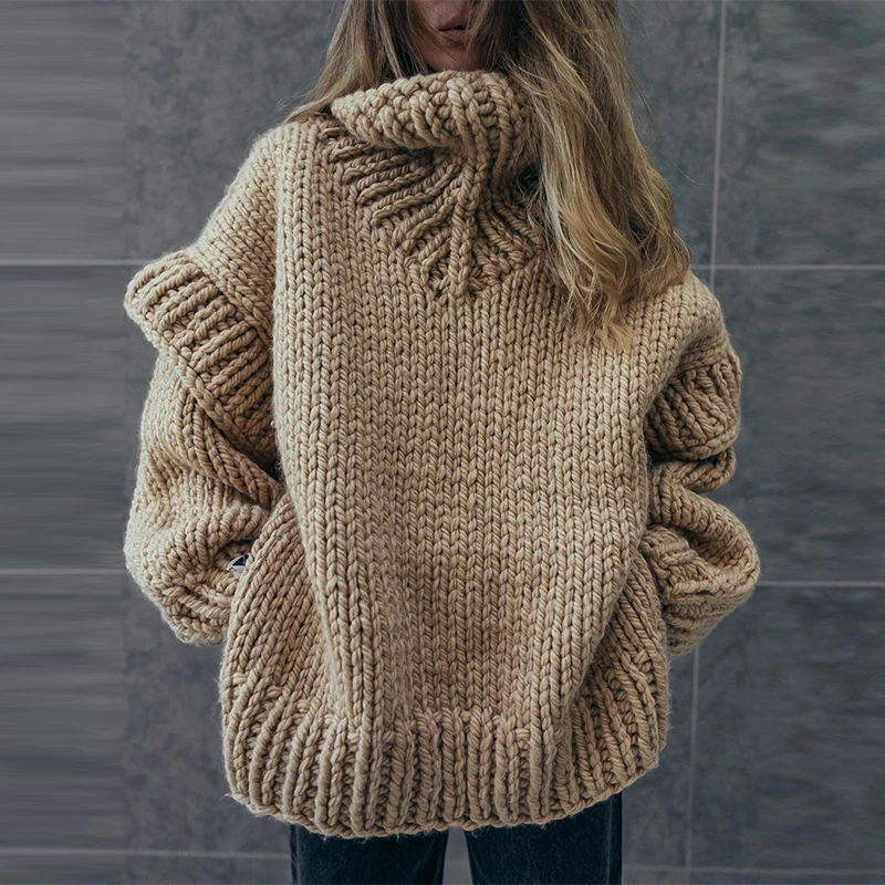 

Fashion Streetwear Long Sleeved Patchwork Sweater Fall Casual Loose Warm Pullover Tops Women's Turtleneck Fluffy Knitted Sweater
