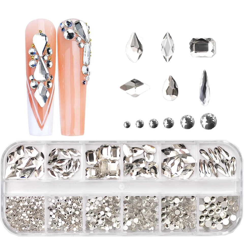 네일 아트 라인스톤 크리스탈 3D 글리터, 비 핫픽스 다이아몬드 장식, 네일 부품 액세서리, 12 그리드, 투명 혼합 크기 