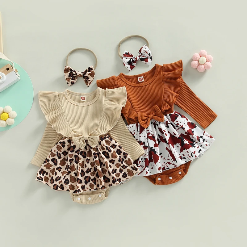 

2022-11-09 Lioraitiin 0-24M Infant Newborn Baby Girl Autumn Bodysuit Long Sleeve Crew Neck Patchwork Dress Leopard Jumpsuit