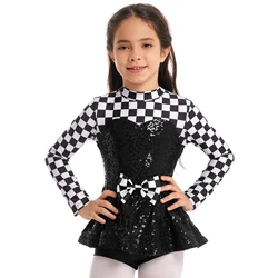 Girls Ballet Dress Sequins Checker Print Modern Jazz Latin Dance Leotard Dress for Stage Performance Halloween Racer Costume
