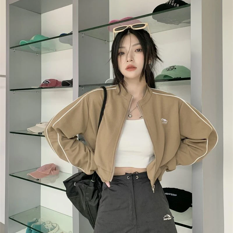 MEXZT Streetwear Women Vintage Cropped Zip Up Sweatshirt Fashion Casual Loose Long Sleeve Outwear Korean Lady Spring  Clothes