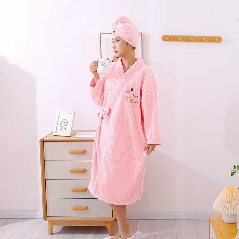 

Winter Bathrobe Women Can Wear Bathtowels Coral Plush Thickened Household Cross Tie Long Sleeve Bathrobe Dry Hair Hat Wholesale