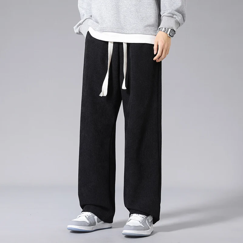 Autumn and Winter Men's New Corduroy Fashion Splice Elastic Waist Drawstring Pocket Solid Color Loose Sports Casual Pants