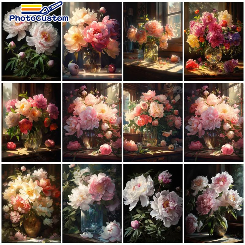 

PhotoCustom Oil Painting By Numbers Flowers Kit For Adults DIY 60x75cm Frame Acrylic Paint Modern Painting For Painting Art Hand