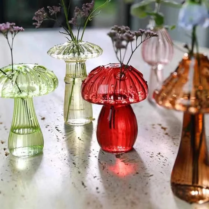 Mushroom Glass Vase Creative Plant Hydroponic Vase Home Art Transparent Aromatherapy Bottle Small Vase Table Flower Decoration