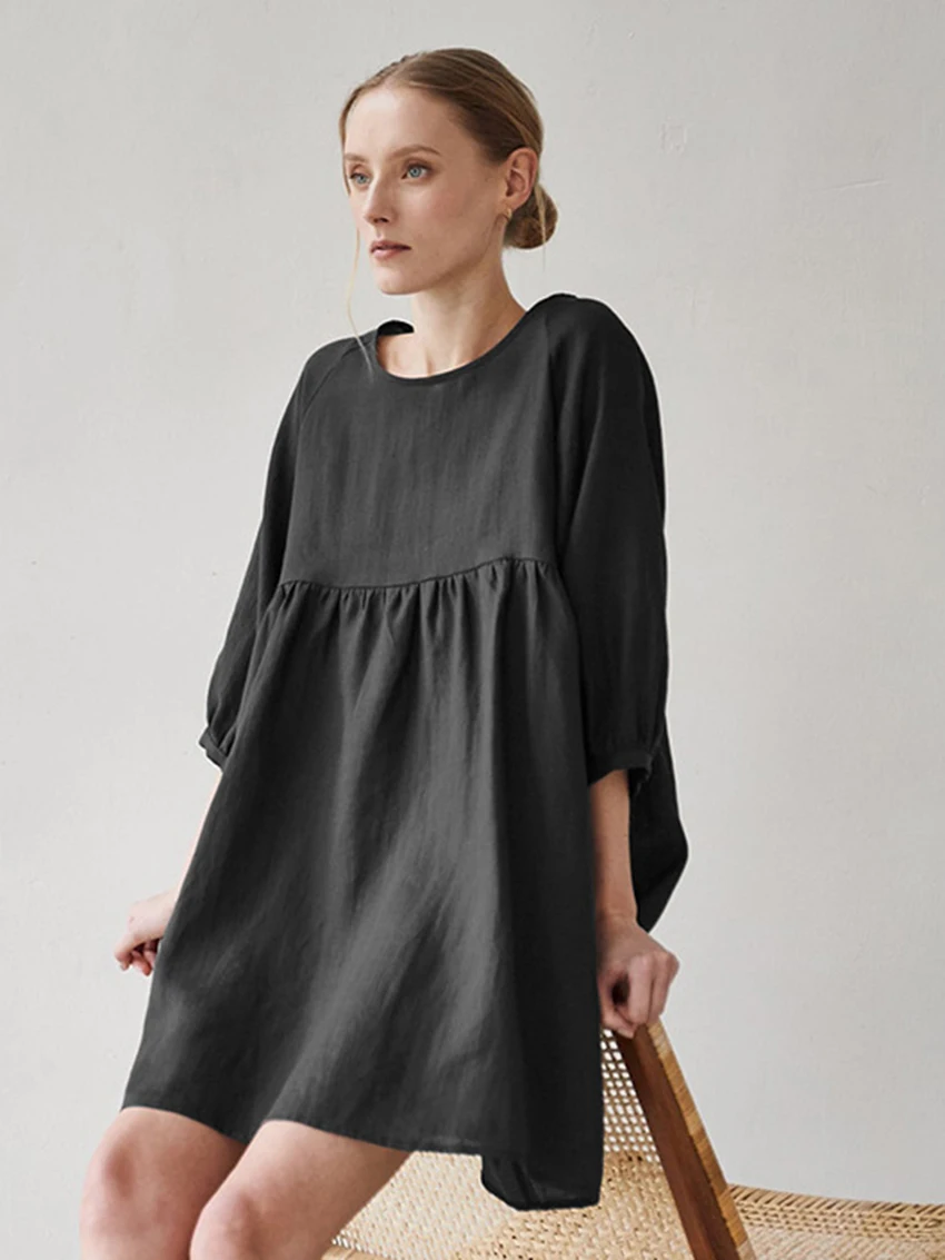 Marthaqiqi Causal Home Clothes For Women O-Neck Sleepwear Half Sleeve Nightgowns Loose Mini Dress Black Cotton Female Nightwear