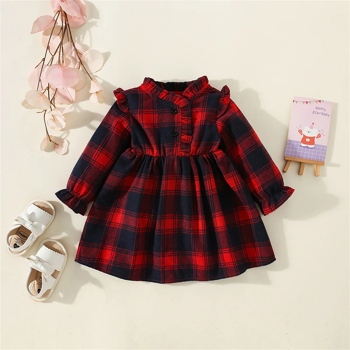 Spring And Autumn Baby Dresses Long Sleeved Casual Plaid Standing Collar Girl Dresses Christmas Red And Black Beautiful Clothes 1