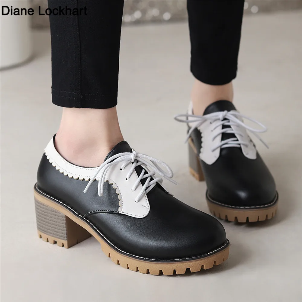 

Women Oxfords High Square Block Heels Platform Pumps Black Beige Patchwork Round Toe Lace Up Casual Office Vintage Ladies Brogue