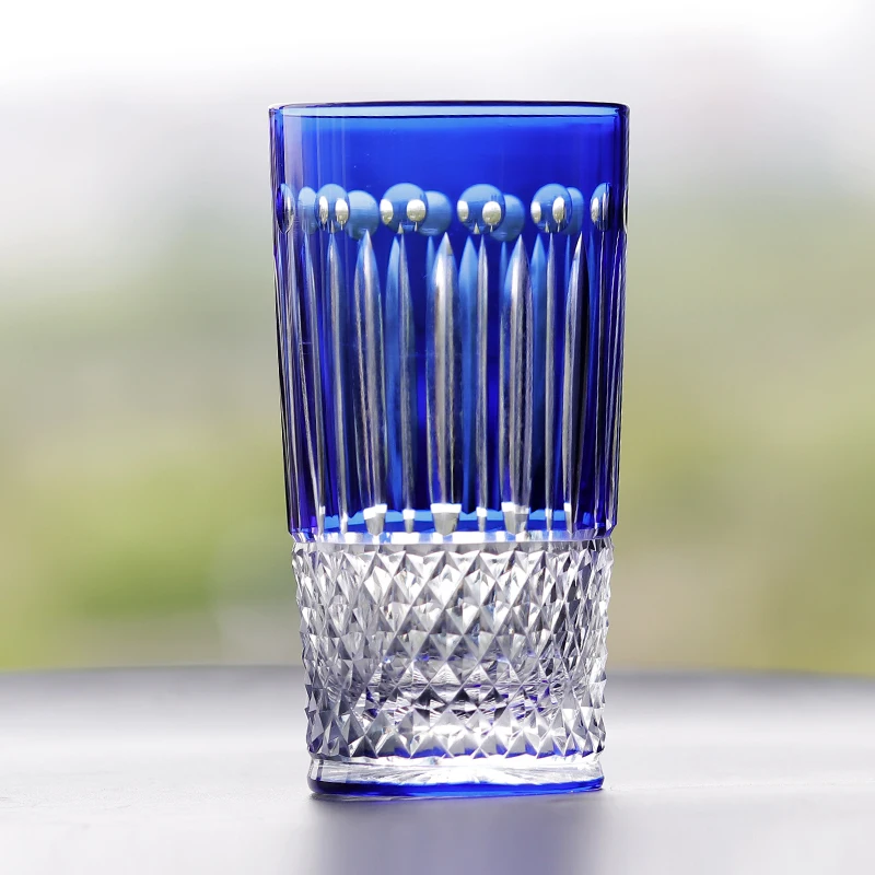 Edo Kiriko Blue Wine Drinking Glass, copo de cristal sem chumbo, óculos esculpidos à mão, melhor presente para casamento