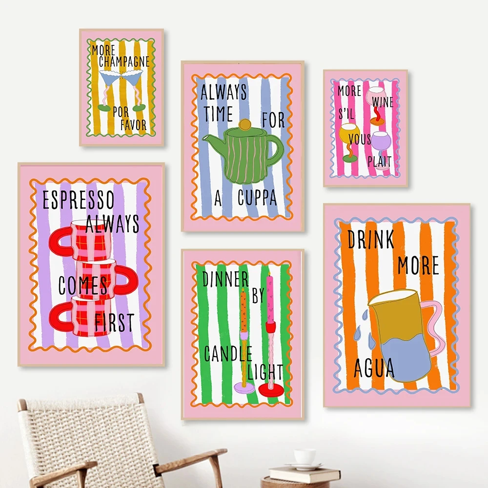 

Funny Kitchen Print Espresso Coffee Tea Cup Candles Champagne Wine Posters Wall Art Canvas Painting for Diner Room Decor Picture