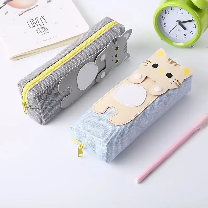 

Creative Cat Cartoon Canvas Triangle Square Pen Bag Zipper Stationery Bags Pencil Case