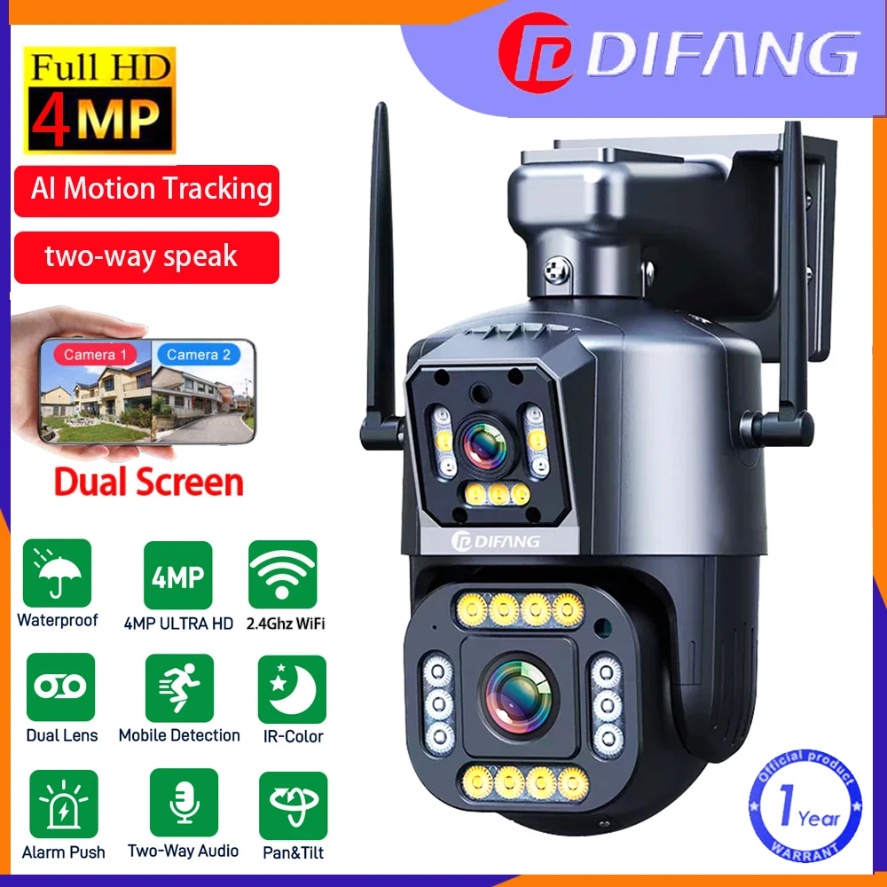 Telecamera Di Sorveglianza Wifi Esterna Impermeabile Difang 4K, Tracciamento Mobile Ai, 2 Vie Speak,Dual-Len, Telecamera Cctv Ptz Per Visione Notturna