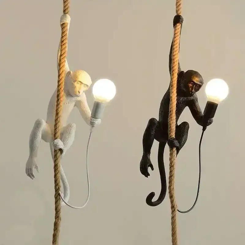 Nordic creative hemp rope pendant pendant light resin monkey light bedroom children's room home decoration ceiling pendant lamp