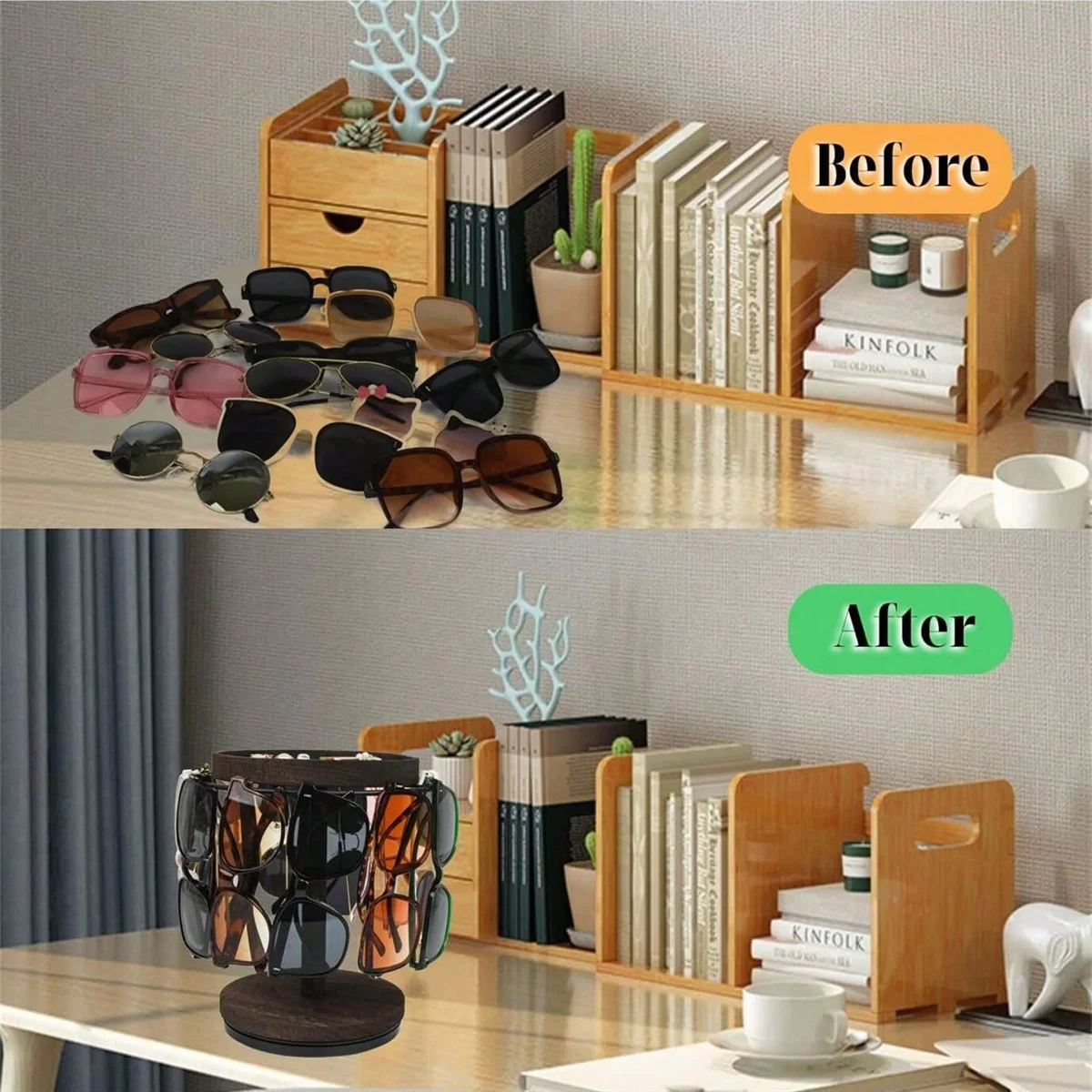 Rotating Wooden Sunglasses Organizer with Tray and Display Stand