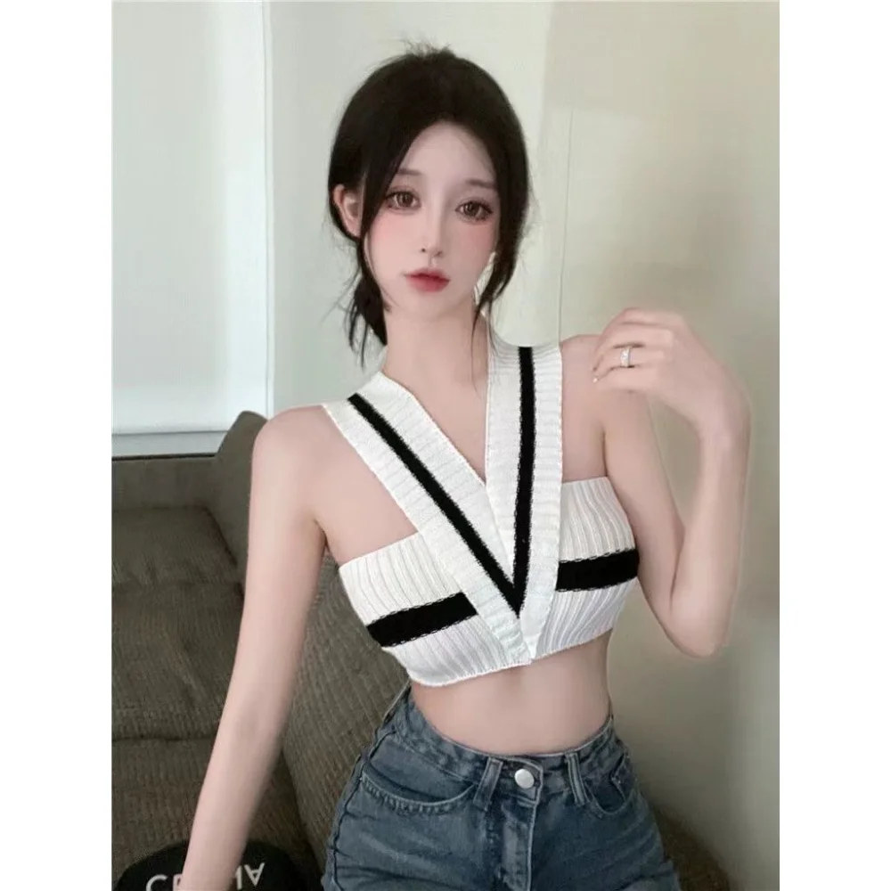 

Sexy V-neck Pullover Cross Knitted Sweater Tank Top Panel 2023 Summer New Fashion Girls Striped Top Korean Style Clothing