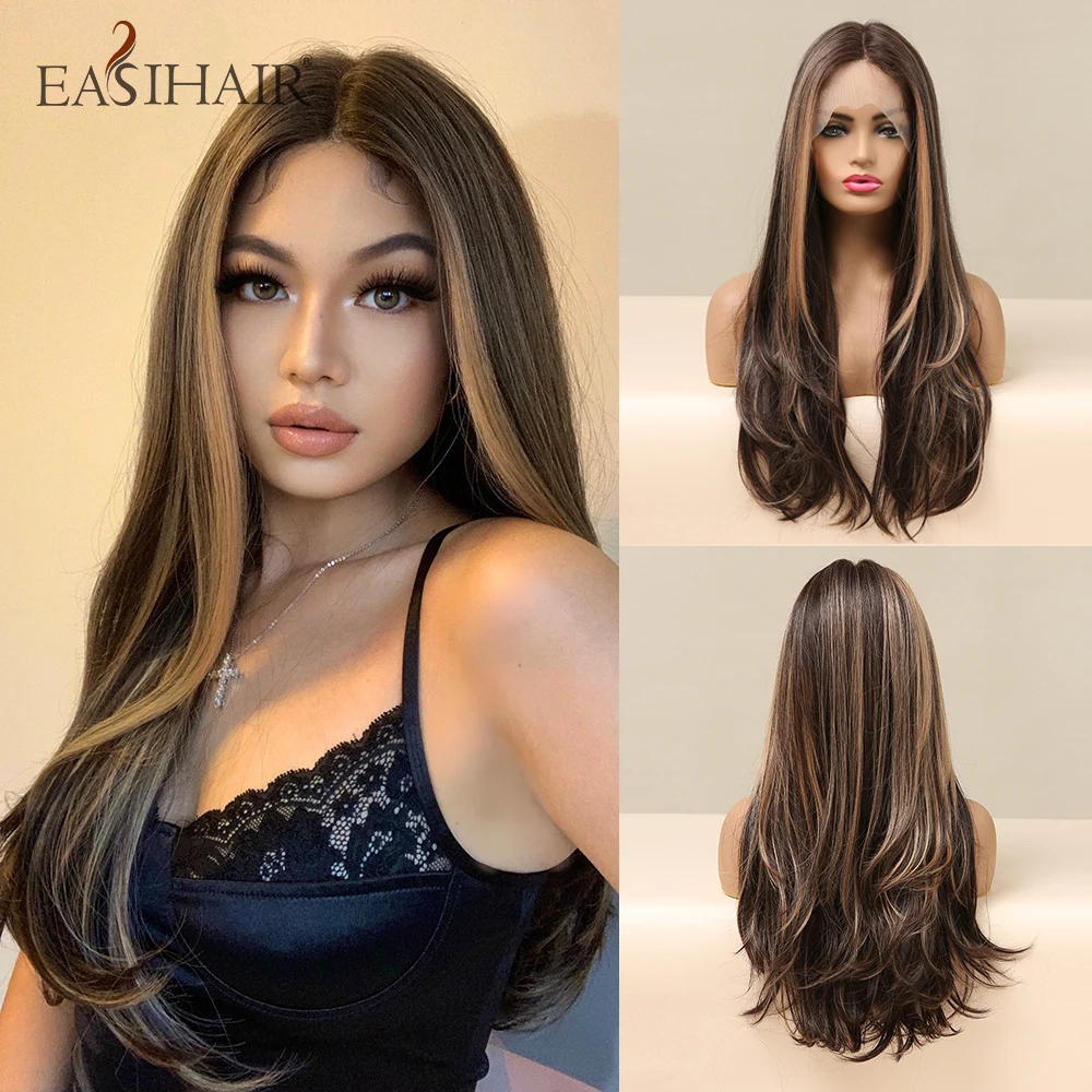 EASIHAIR Long Brown Lace Front Synthetic Natural Hair Wigs Blonde Highlight Lace Frontal Wig for Women Cosplay Wigs High Density synthetic wig