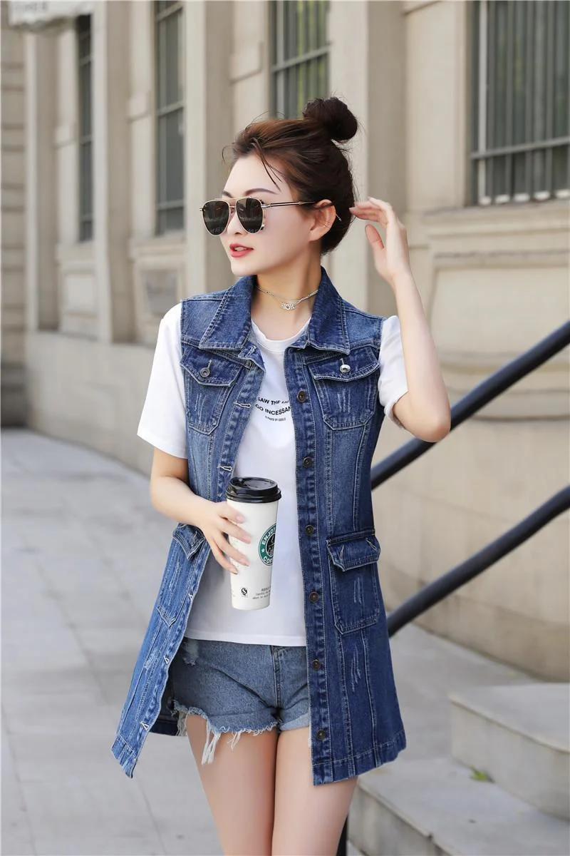 2022 New Denim Vest Women Spring Autumn Sleeveless Mid-Length Jean Cardigan Coat Female Jeans Waistcoat Casual Outerwear Tops long down coat womens