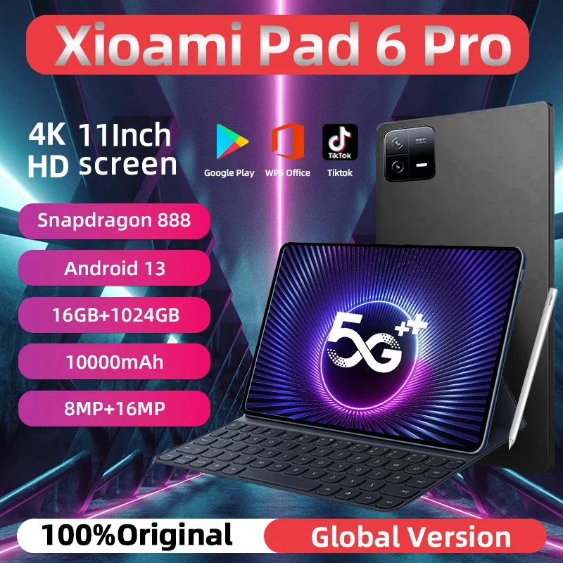 2024 글로벌 버전 오리지널 태블릿 PC, 안드로이드 13 패드 6 프로, 스냅드래곤 888 RAM 16GB + ROM, 1TB 5G 듀얼 SIM 카드, 10000mAh HD 4K 탭