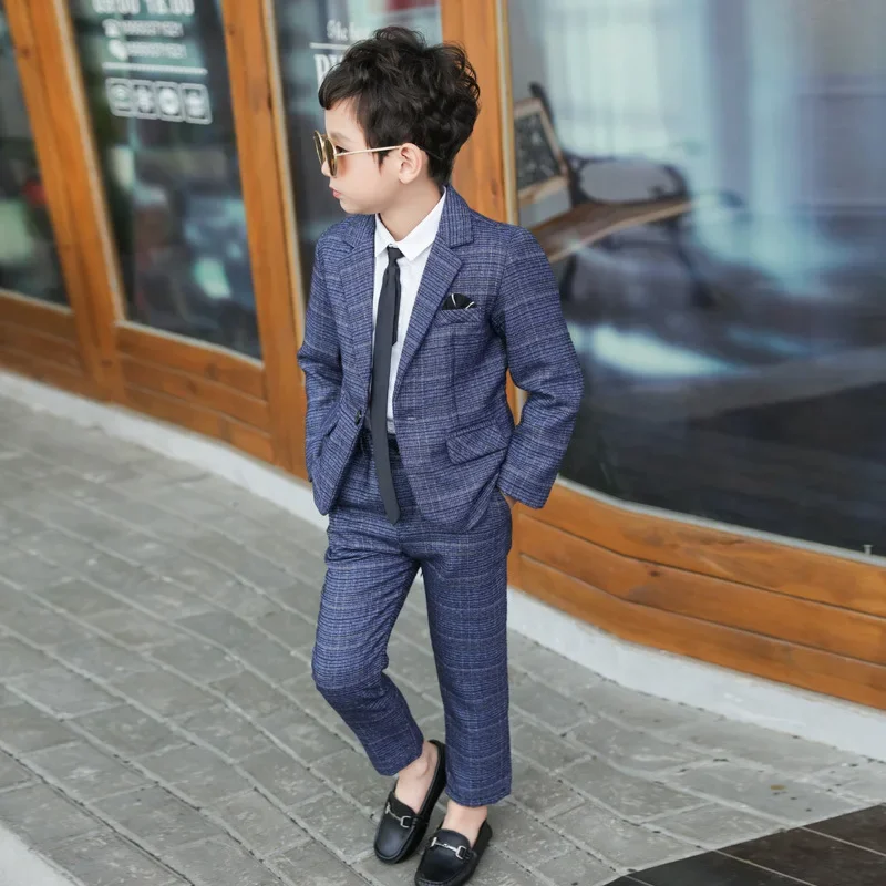 Boys Suit Set Kids Pant Blazers Set Spring Autumn Boys Casual 2pcs Suits Jackets Plaid Single Button Children Party Wedding Clothes 3-11y
