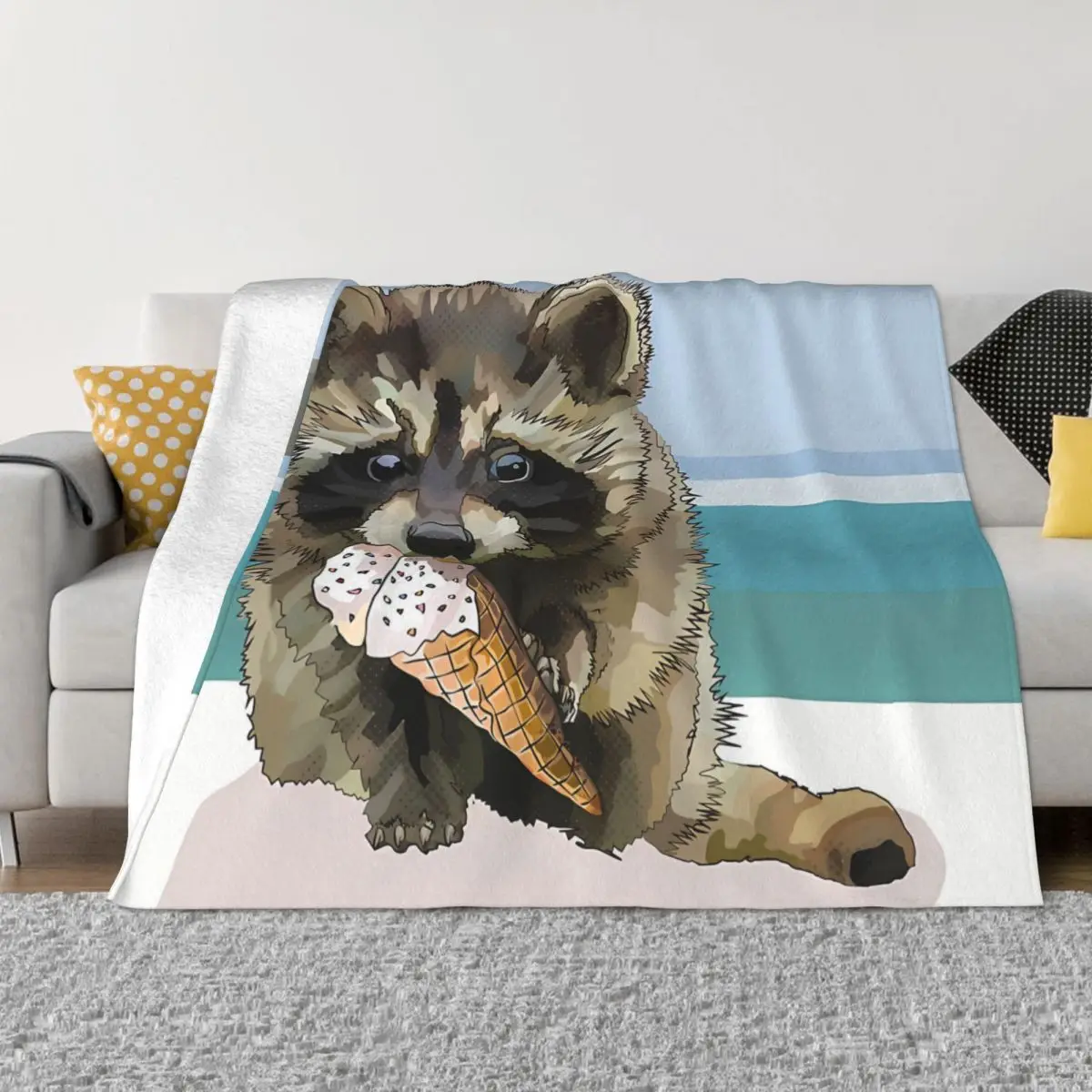 

Raccoon Blanket Flannel Eating Ice Cream At Beach Cozy Soft FLeece Bedspread