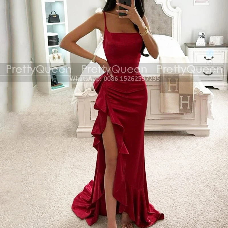 

Stunning Ruffles High Slit Prom Dresses Long Pleat Mermaid Spaghetti Straps Sleeveless Sheath Women Dress Party For Women