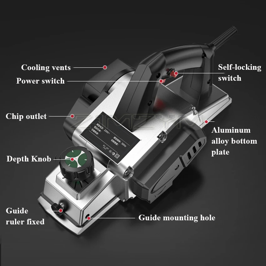 Electric Planer Wood Cutter Electric Saw Carpenter\'s Plane Portable Planer with 82mm Planing Width 2mm Planing Depth 220V