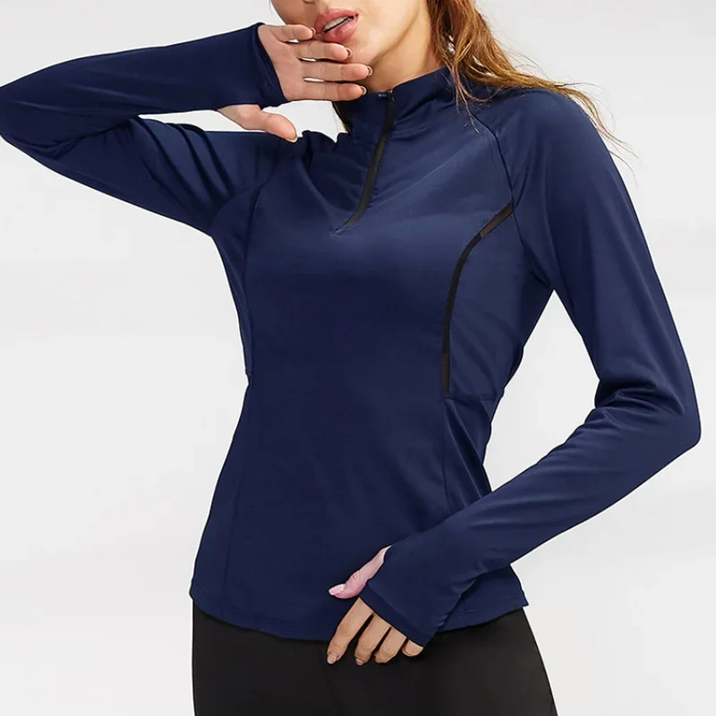 PofyBofy Quater Zip 요가 긴 소매 Thumbhole 빠른 건조 슬림 피..