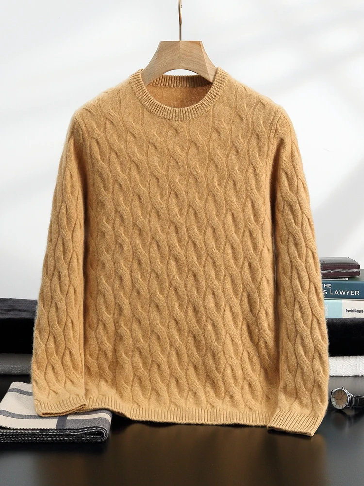 2024 Men's 100% Cashmere Cable Knit Sweater Autumn Winter O-neck Thick Long Sleeve Pullover Smart Casual Cashmere Knitwear Tops 5