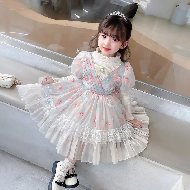 Girls' Spring and Autumn Lolita Velvet Padded Dress New Children's Knitted Birthday
