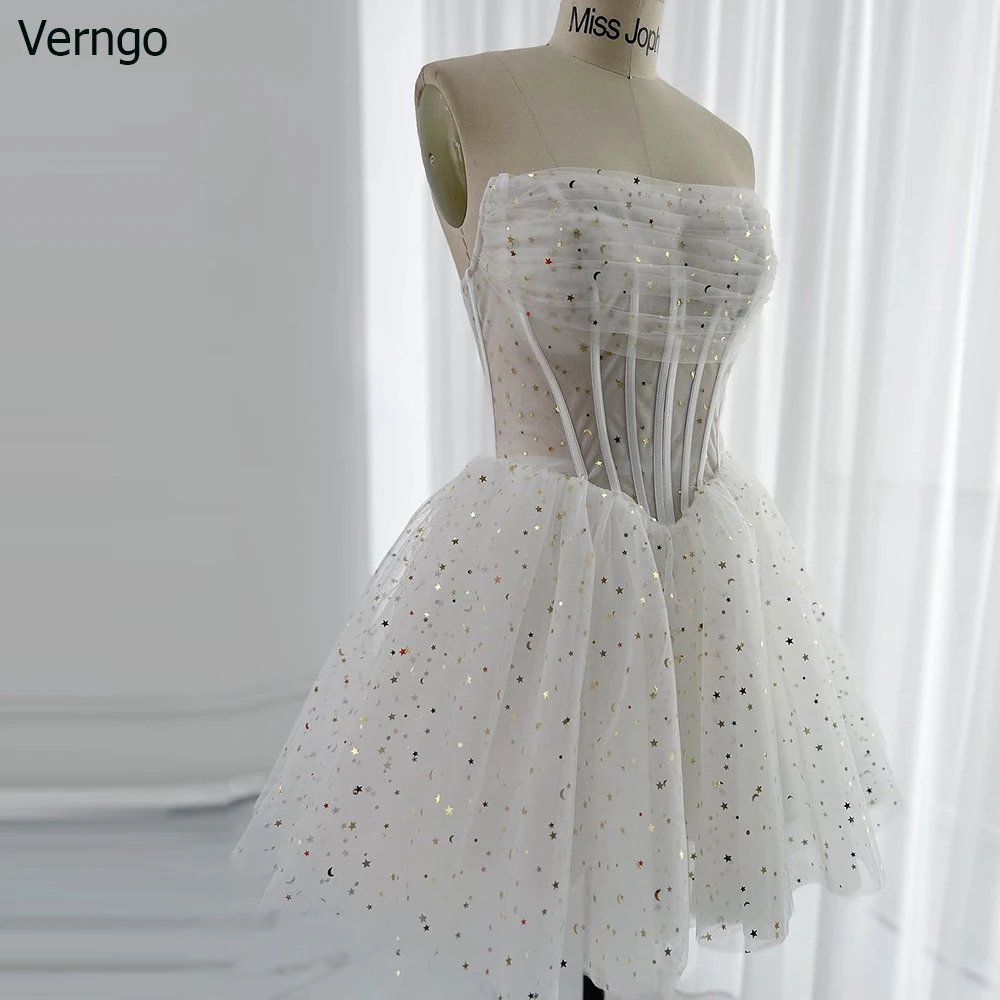 

Verngo Mini A-line White Prom Dress Strapless Sleeveless Evening Party Gown Tulle Starry Formal Homecoming Gown Vestidos De Noch