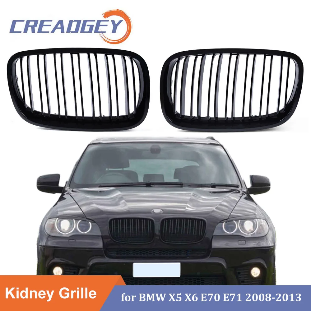 

2 Piece Front Bumper Kidney Grill Double Slat For BMW X5 E70 X6 E71 2008-2013 ABS Gloss Black Grille Replacement Car Styling