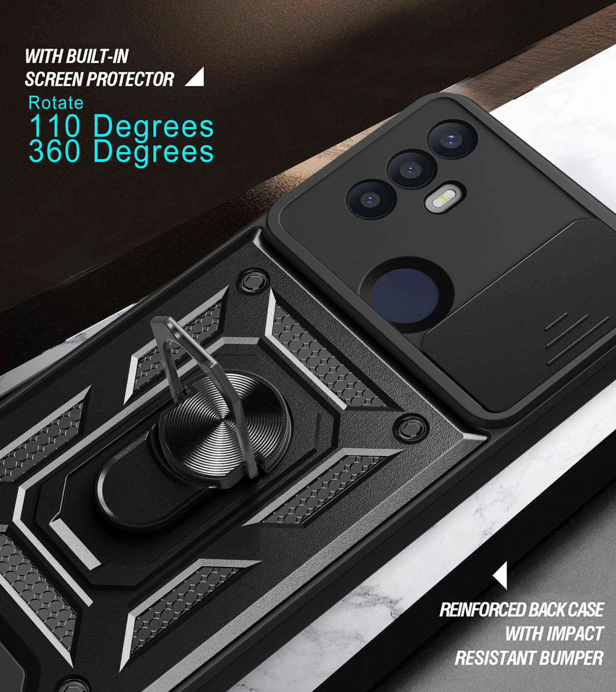 Armored Sliding Shockproof Phone Case with Camera Lens Protection and Metal Ring Holder Back Cover