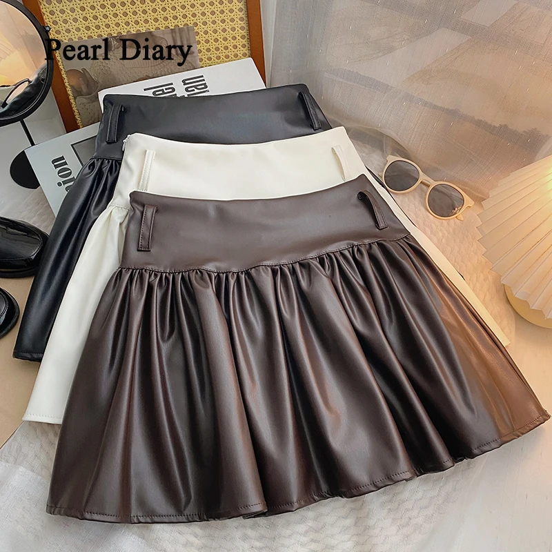 Pearl Diary Women Spring Mini Pleated Black Brown Soft Pu Leather Skirt High Waist Preppy Style Korean Fashion A-Line Kawaii Ski diary business macaroon notebooks spring binder book organizer envelope