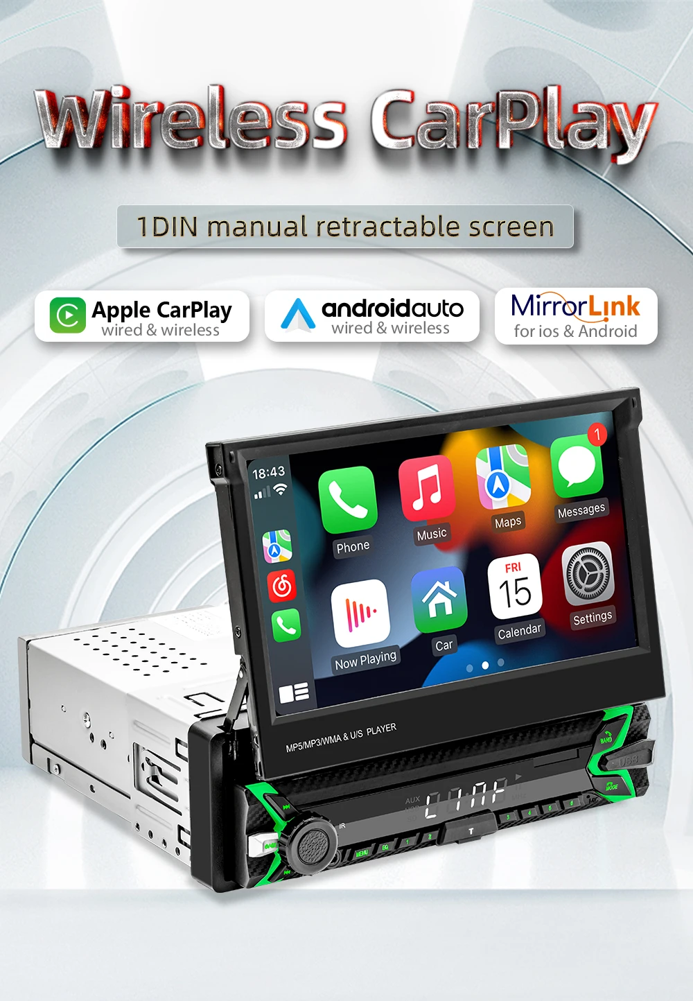 1Din Car Radio Player 7"MP5 Player Retractable Touch Screen Car Wireless CarPlay Android Auto Mirror Link Video USB TF BT Player 2 1Din Car Radio Player 7"MP5 Player Retractable Touch Screen Car Wireless CarPlay Android Auto Mirror Link Video USB TF BT Player - Image 2