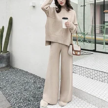 2022 Autumn Winter Thick Knitted Two Pieces Set Women Warm Half Turtleneck Pullover Sweater+Wide Leg Pants Warm Sweater Suit