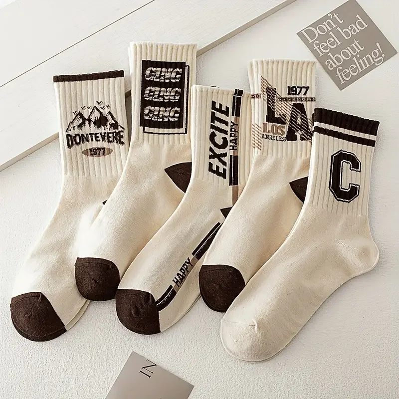 5 Pairs Men's Mid Length Socks Printed Autumn Winter Sports For Men Breathable Sweat Wicking Versatile sports socks,cotton socks,athletic socks,sports stockings