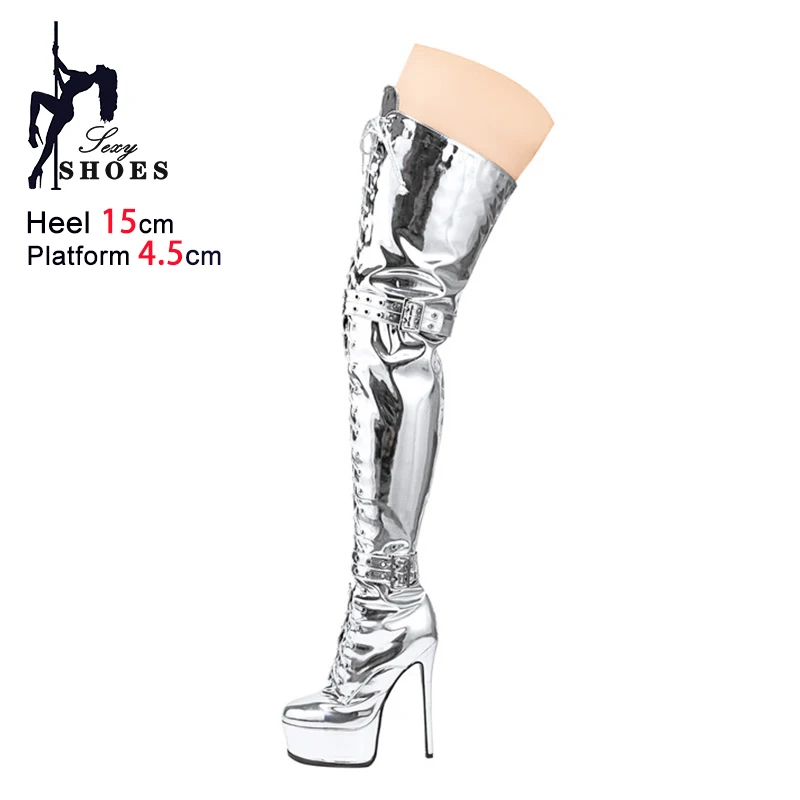 Silvery Thigh High Boots Sexy Over-the-knee Boots For Pole Dance Belt Buckle Fashion Women Shoes 15CM Stiletto Heels Botas Mujer